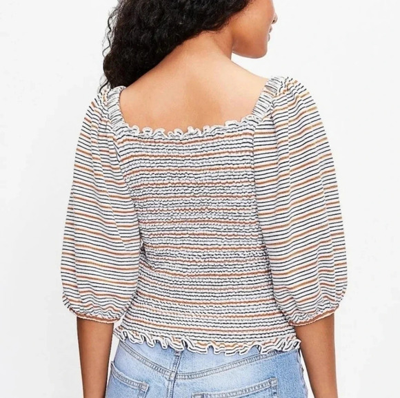 LOFT Striped Square Neck Puff Sleeve Top, Color White/Blue/Yellow Size M - Picture 2 of 13